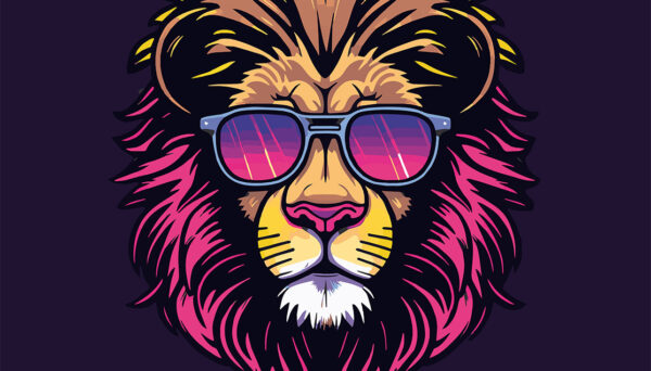 Psychedelisch-bunter Löwenkopf mit Sonnenbrille, Portrait