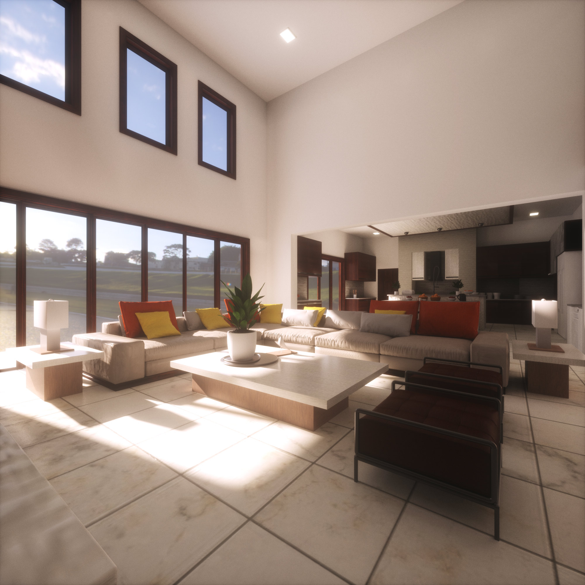 Großzügiger heller Wohnraum mit Möbeln, gerendert