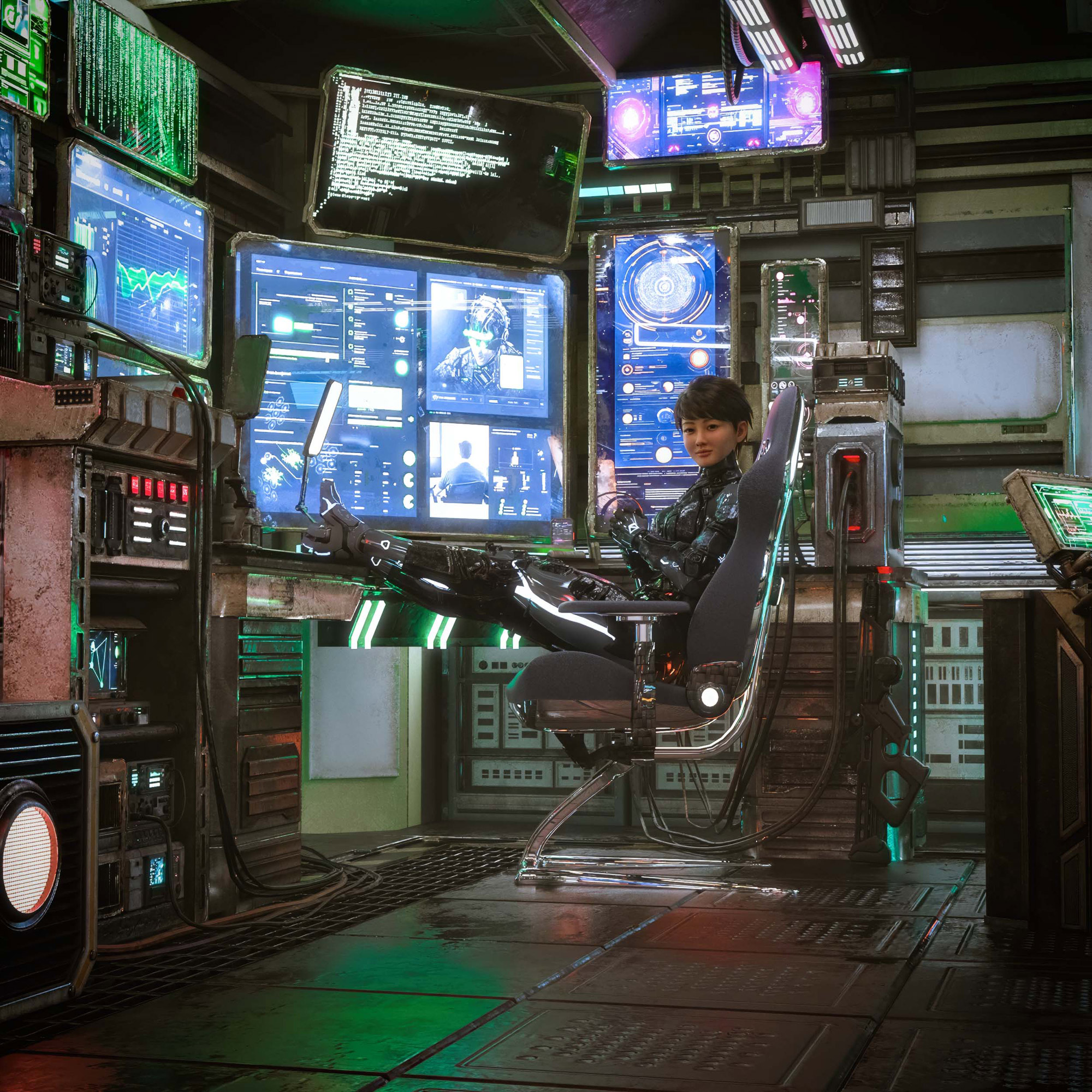 Junge asiatische aussehende Frau in einem Hacker Raum mit vielen Monotoren, sie sitzt auf einem Stuhl, die Füße locker auf den Tisch gelegt