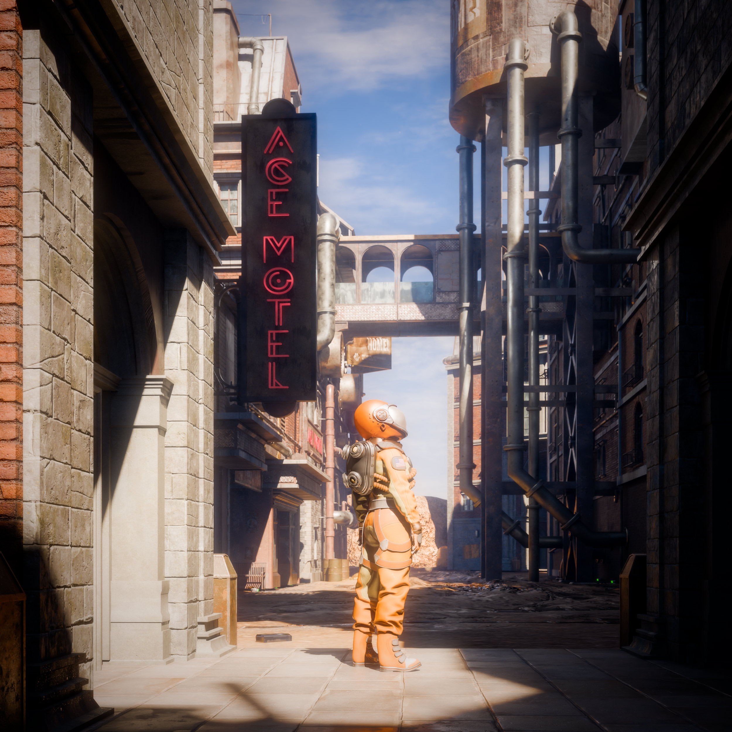 Lonely Astronaut in Dieselpunk Street