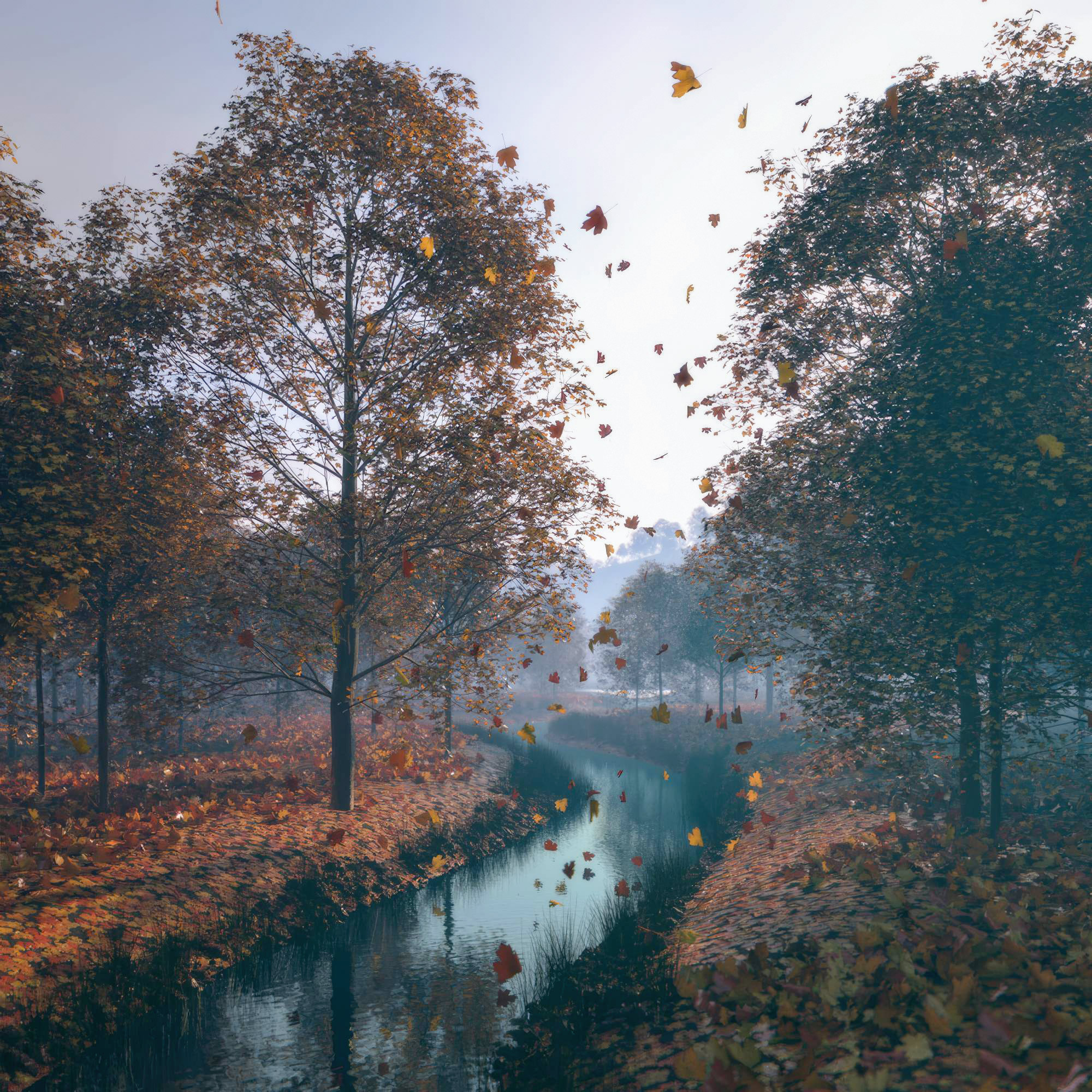 Bachlauf im Morgendunst mit Bäumen im Herbst