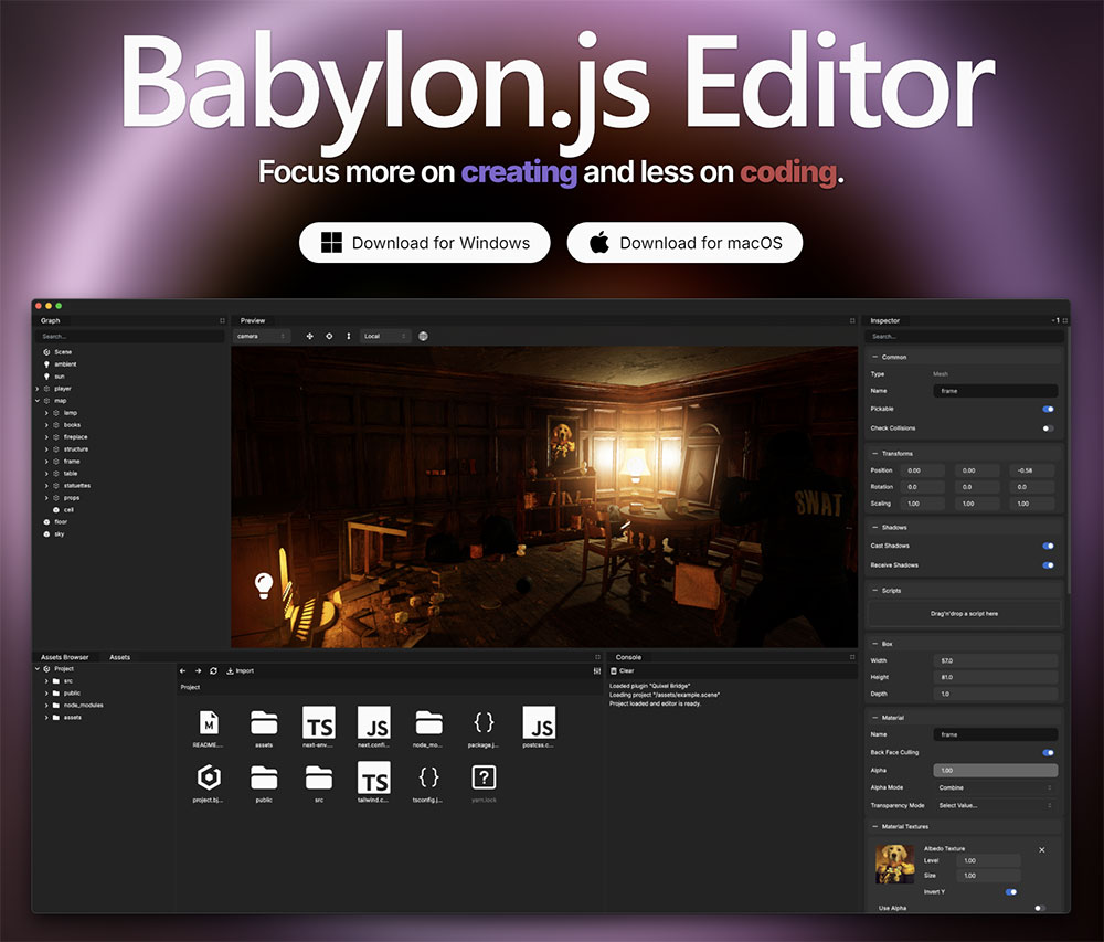Screenshot Babylon.js Editor Webseite
