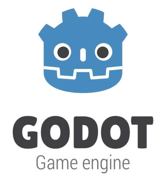 Godot Logo, Vartoon-Roboterkopf mit Schrift darunter: Godot Game Engine