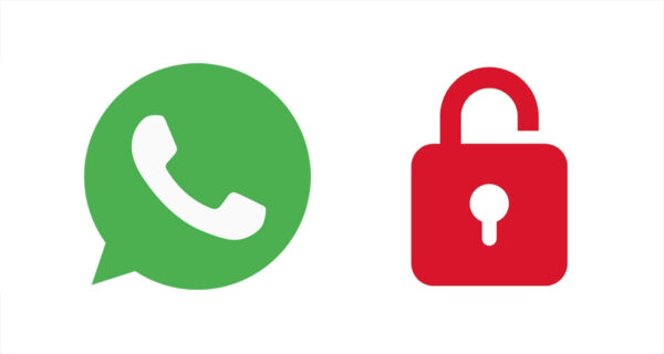 Whatsapp-Logo, rechts daneben stilisiertes rotes, offene, Vorhängeschloss