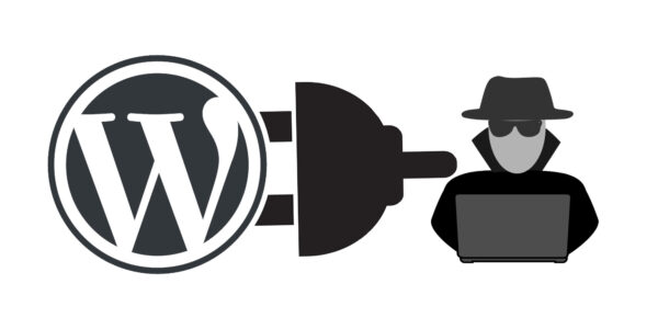 Wrodpress-Logo, stilisierter Stecker - stilisierter Spoin an Laptop