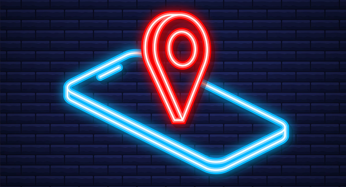 stilisiertes neon Smartphone mit Google location pin