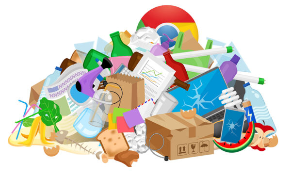 Deko: Haufen Müll mit Google Chrome-Logo im Hintergrund